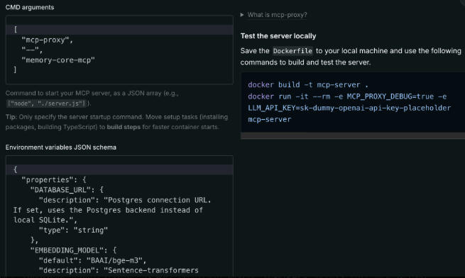 Glama's CMD arguments field, set to a bare mcp-proxy -- memory-core-mcp command