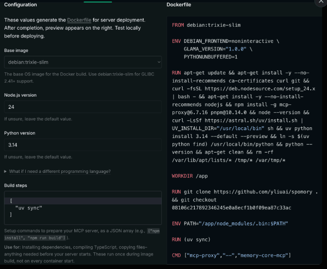 Glama's Docker build configuration panel, showing base image, Python version, build steps, and the generated Dockerfile