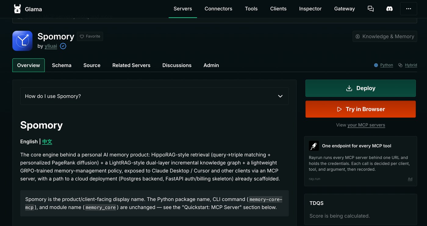Glama's Spomory listing showing a working green Deploy button and an active Try in Browser button