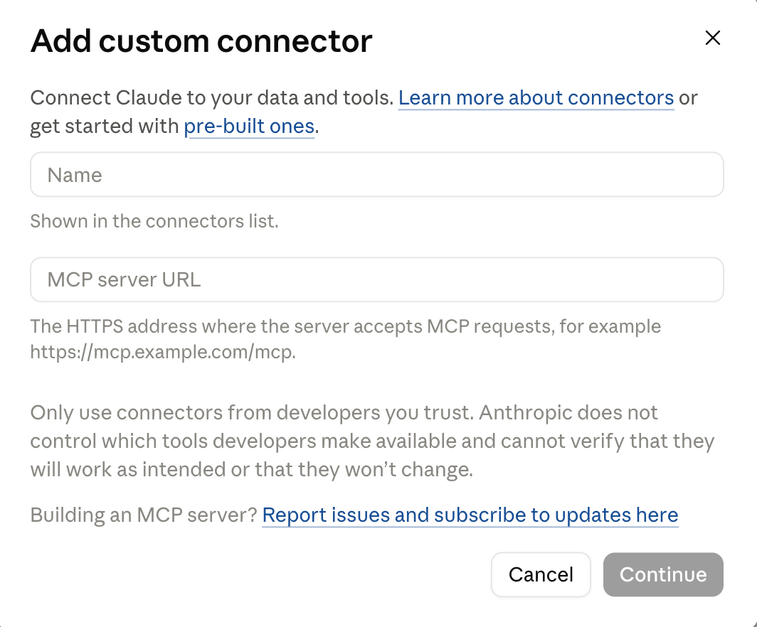 Claude Desktop's Add custom connector dialog