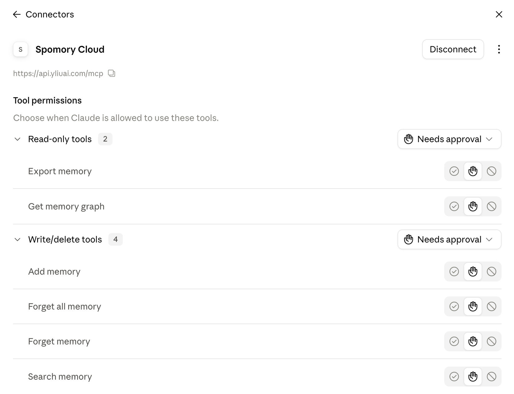 Claude Desktop's Connectors settings for Spomory Cloud, listing all six tools
