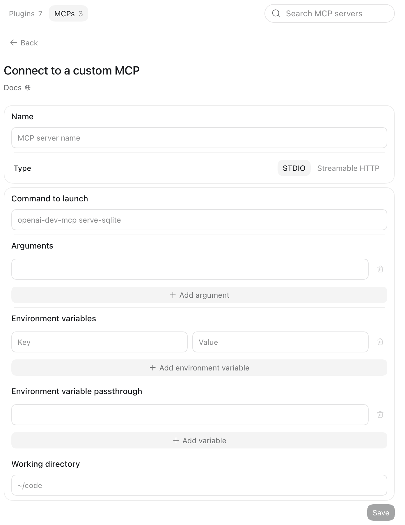 Codex's Connect to a custom MCP form, STDIO type selected