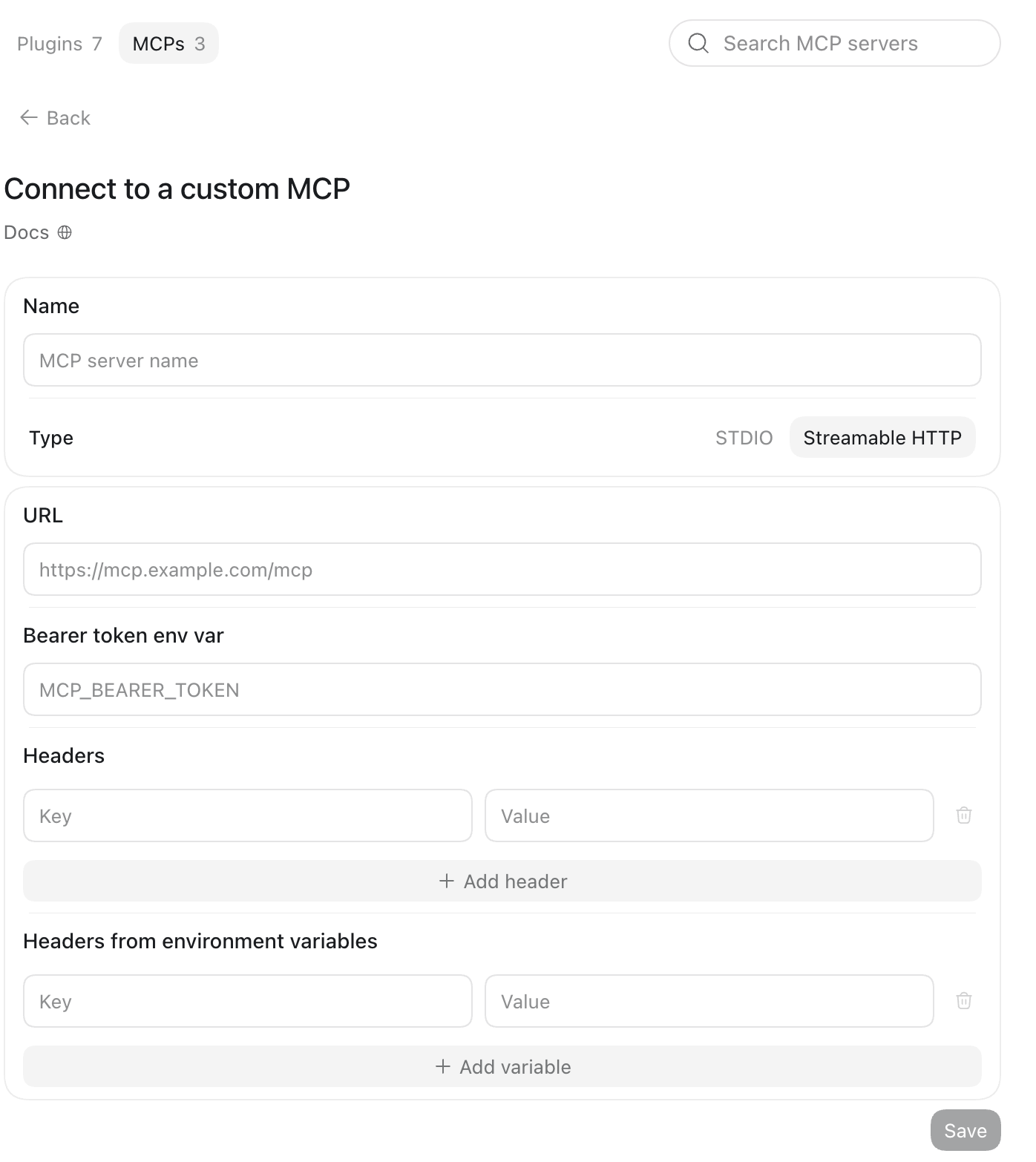 Codex's Connect to a custom MCP form, Streamable HTTP type selected