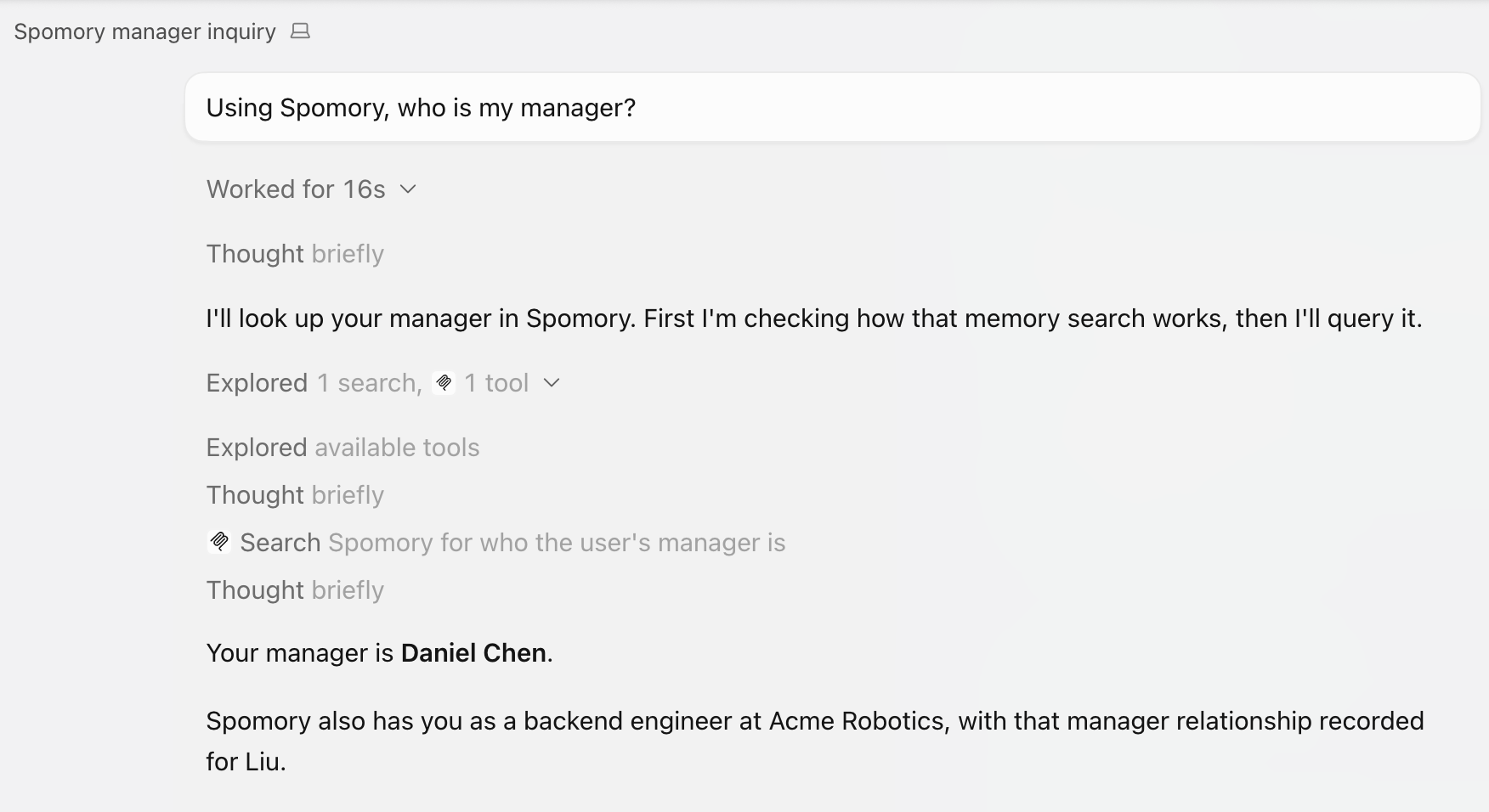 Cursor's agent searching Spomory and correctly answering who the user's manager is