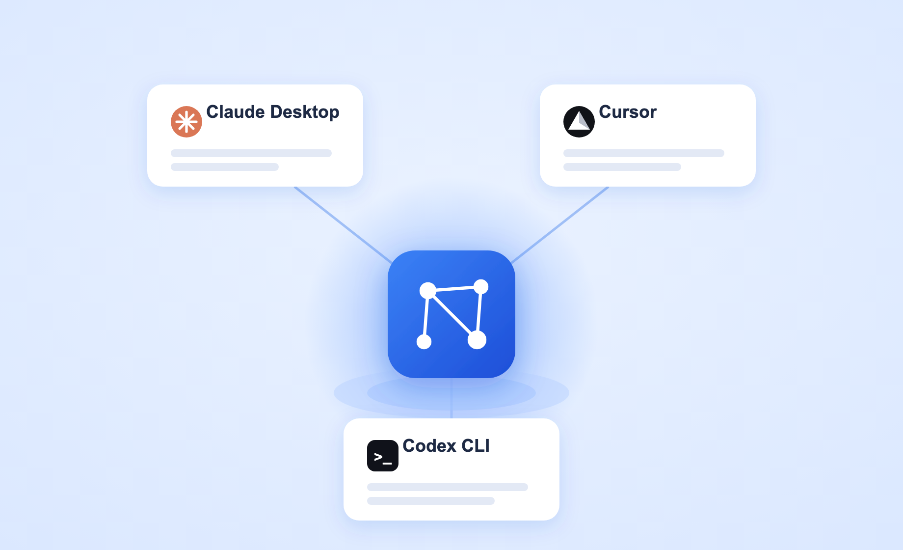 Spomory connecting to the three MCP clients it actually supports: Claude Desktop, Cursor, and Codex CLI