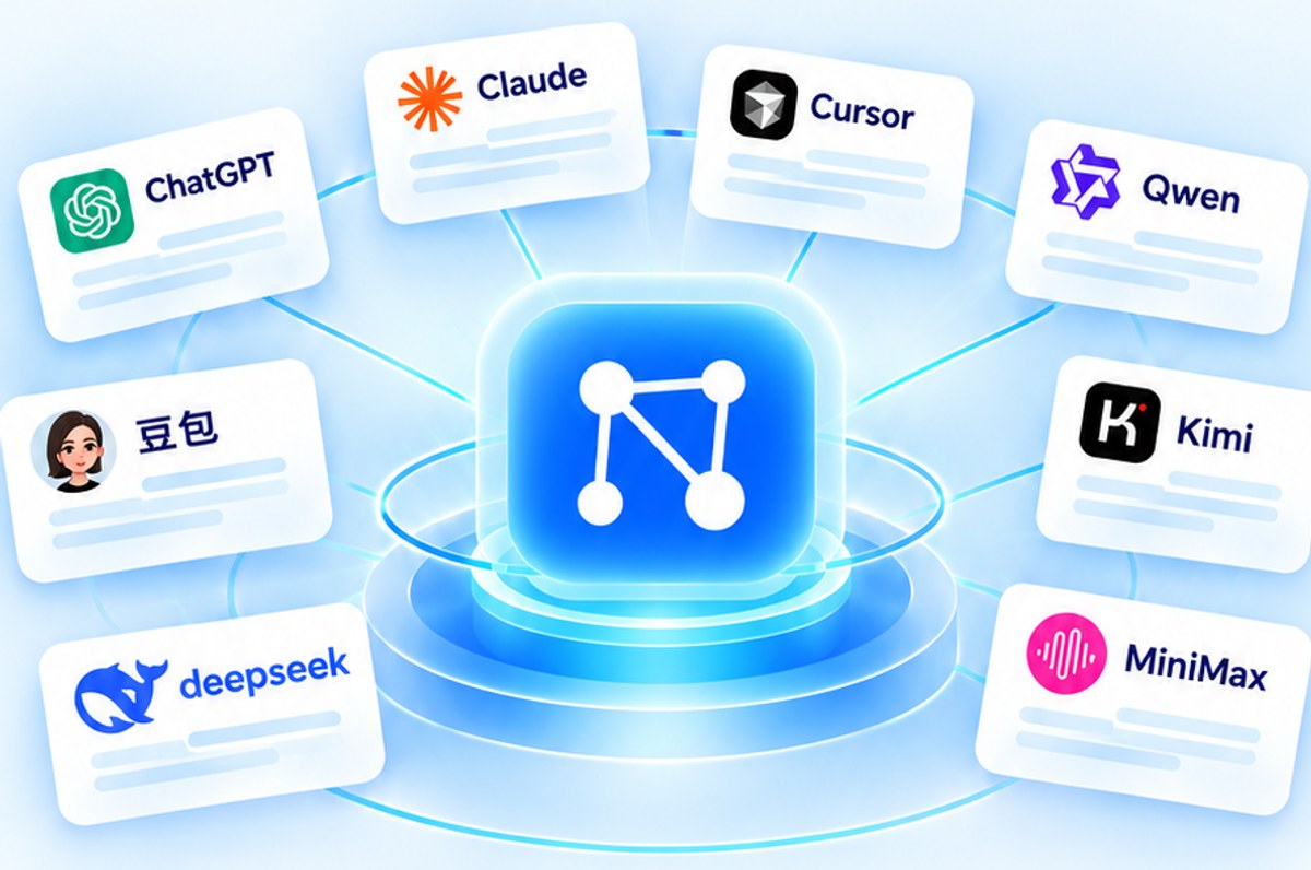 Spomory 位于中心，连接 ChatGPT、Claude、Cursor、Qwen、豆包、Kimi、MiniMax、DeepSeek——一个所有客户端都能访问的共享记忆中枢。