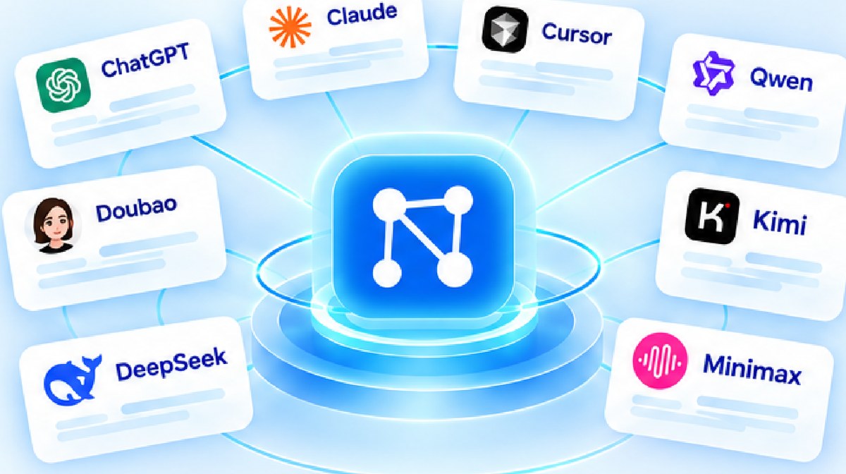 Spomory sits at the center, connected to ChatGPT, Claude, Cursor, Qwen, Doubao, Kimi, MiniMax, and DeepSeek — one shared memory hub reachable from every one of them.